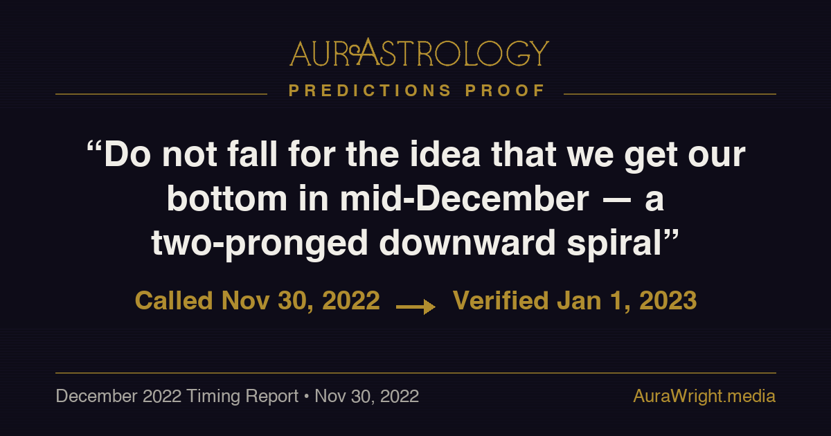 AurAstrology Predictions Proof — "Do not fall for the idea that we get our bottom in mid-December — a two-pronged downward spiral" called Nov 30, 2022, verified Jan 1, 2023