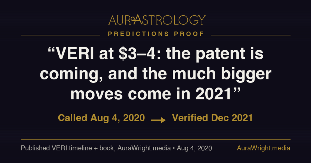 AurAstrology Predictions Proof — "VERI at $3–4: the patent is coming, and the much bigger moves come in 2021" called Aug 4, 2020, verified Dec 2021