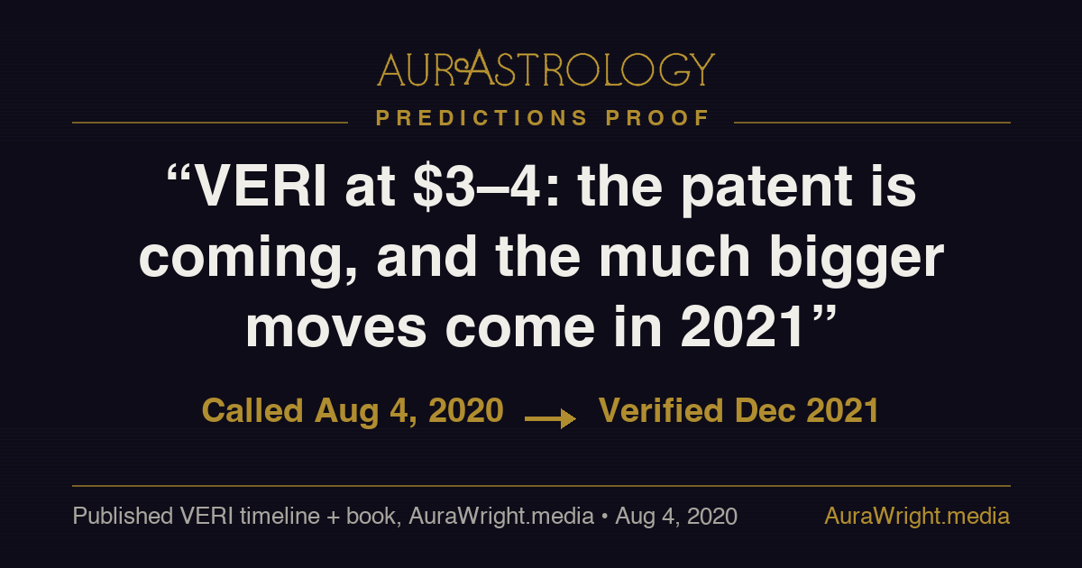 AurAstrology Predictions Proof — "VERI at $3–4: the patent is coming, and the much bigger moves come in 2021" called Aug 4, 2020, verified Dec 2021